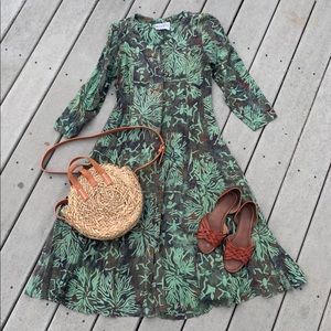 Vintage Green and Brown Floral Midi Dress